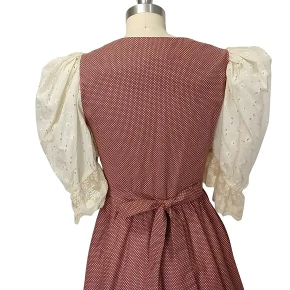 Gunne Sax Red Polka Dot Midi Dress Size 9 Eyelet Lace Prairie Calico - Picture 9 of 11